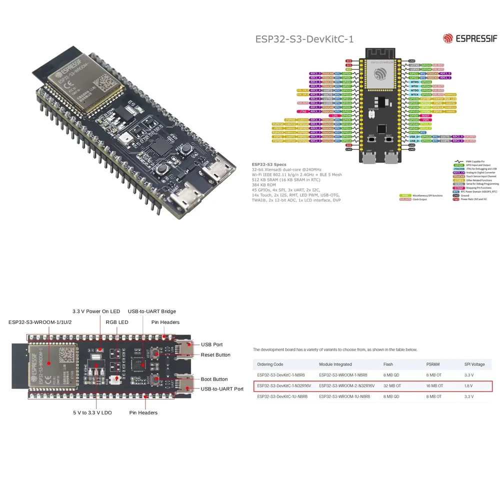 Esp32 S3 - Espressif ESP32-S3-DevKitC-1 Geliştirme Kartı, ESP32-S3-WROOM-2-N32R16V modülünü